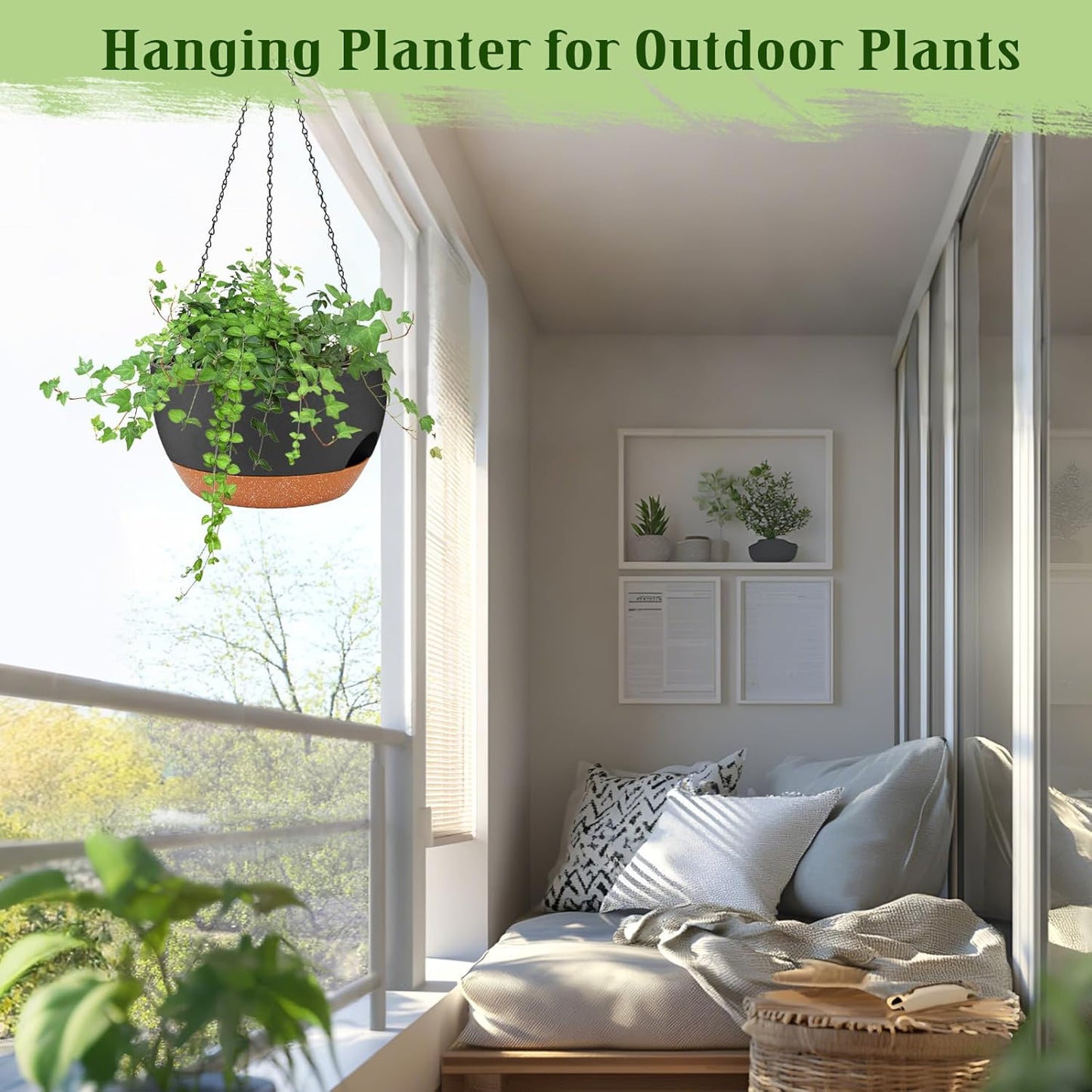 Hanging Planters for Outdoor Indoor Plants, 2 Pack 12 Inch Hanging Basket Plants Outdoor, Self Watering Hanging Planter with Plant Hanger for Garden Home Decoration (2 Type Plant Hangers Black)