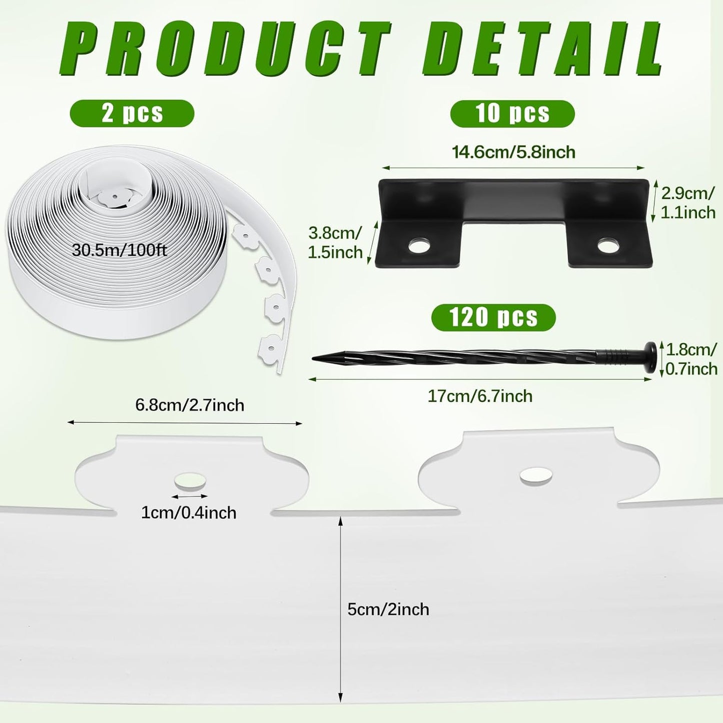 Sasylvia 2'' x 200' Landscape Edging Kit Edging Border Coil Include Anchoring Spikes 10 Connectors Plastic Garden Border for Lawn Garden Grass Yard Home(White)