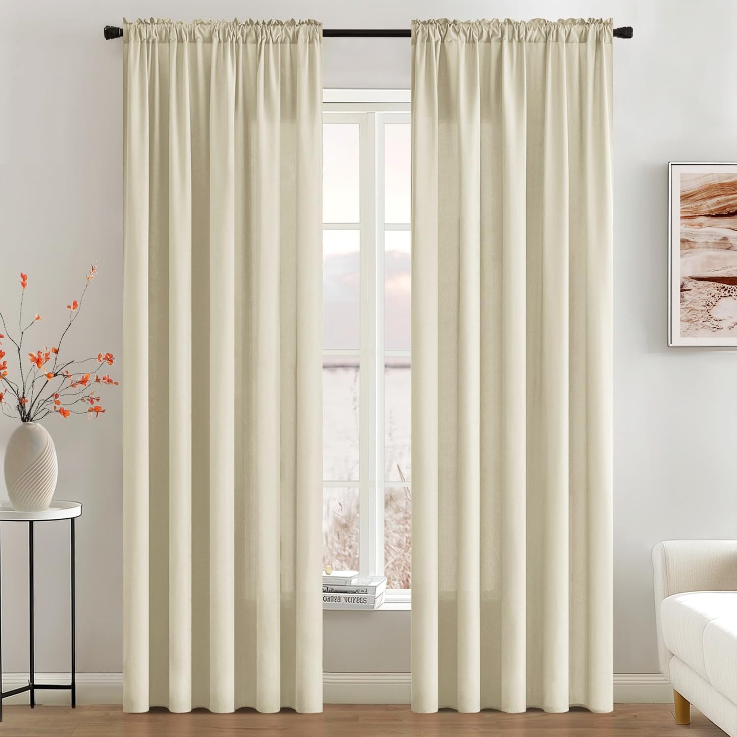 MIULEE Cream Beige Privacy Sheer Curtains That Let Light in 90 Inches Long Non-See-Through Semi Sheer Curtain Light Filtering Window Curtains Drapes for Living Room Bedroom 2 Panels Set 42 X 90