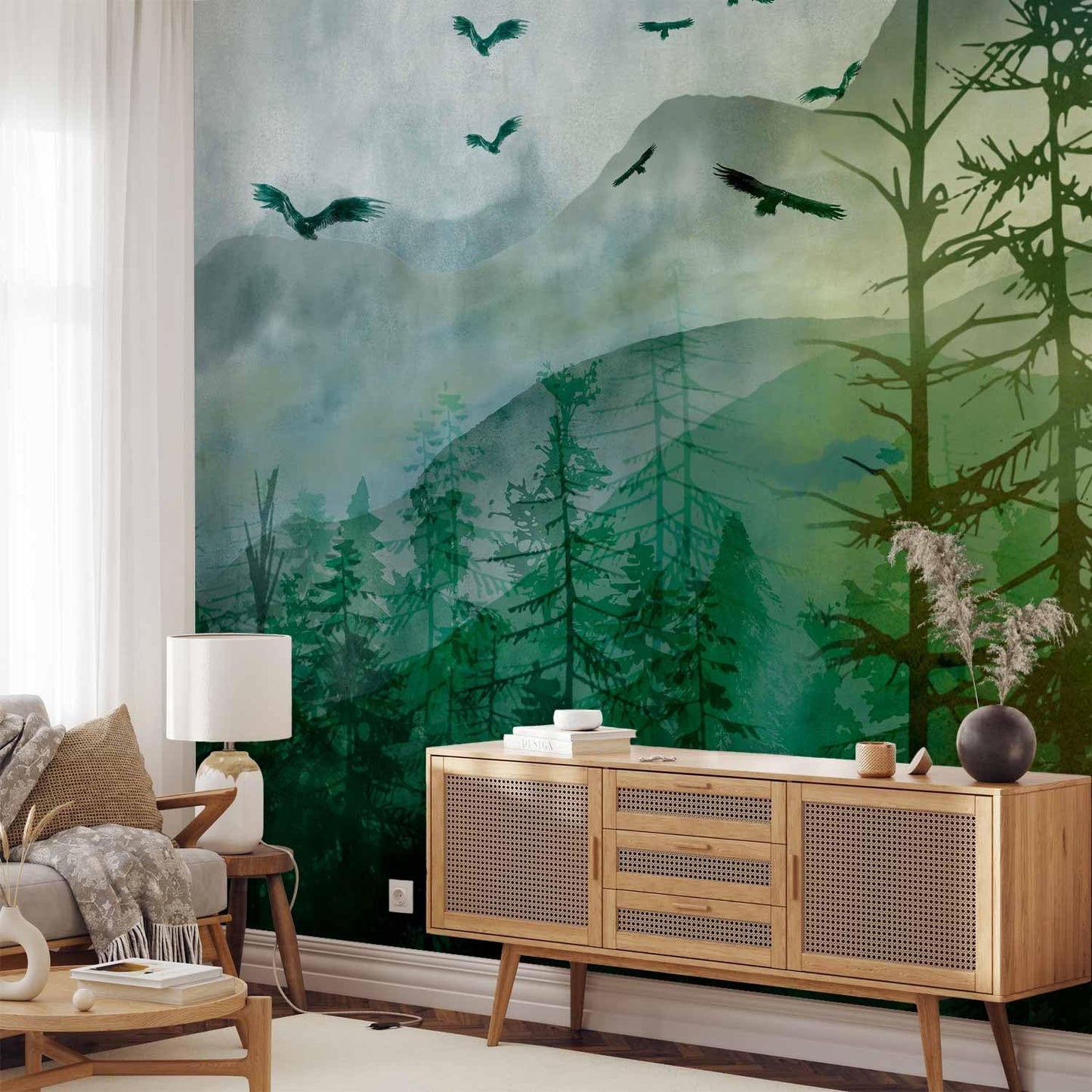 artgeist Wall Mural Natura 216x98 in - XXL Non-Woven Corner Wallpaper Fleece Angle Wall Decor Photo Print Picture Mountains Forest Birds Clouds c-A-10017-a-b