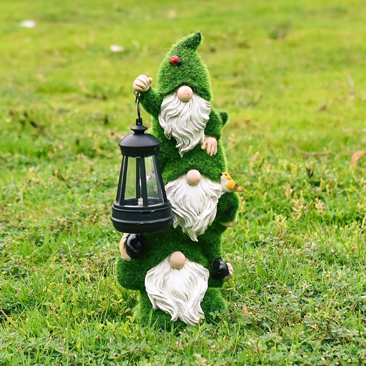 Solar Garden Three Gnome Statue Stacked Flocked with LED Light, Outdoor Waterproof Lawn Ornament Decor for Patio Lawn Yard Pathway Gift Idea for Women Mom Mothers Day