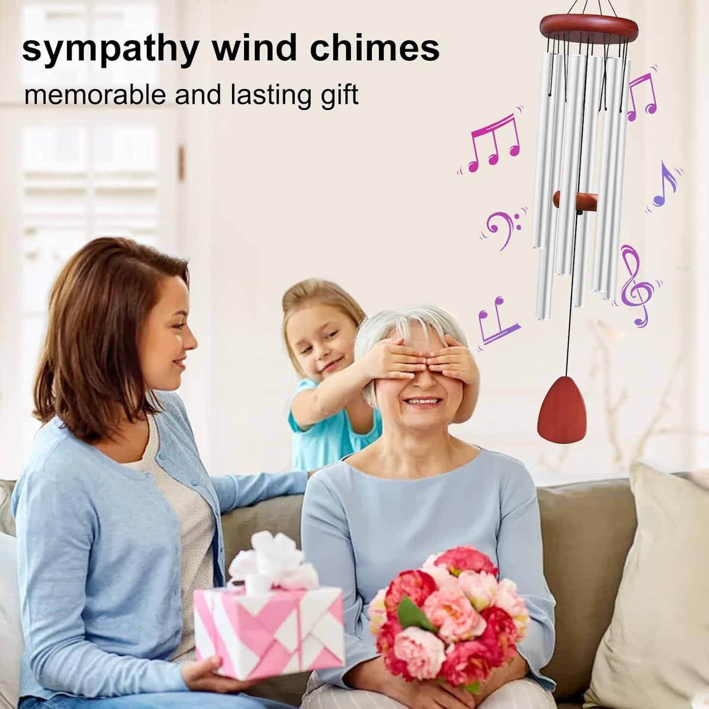 Large Aluminium Wind Chimes Outside, Soothing Melodic Memorial Sympathy Wind Chime, Suitable Outdoor Garden Decor, Gift for Mom Women Neighbors (Silver Wind Chimes-36)