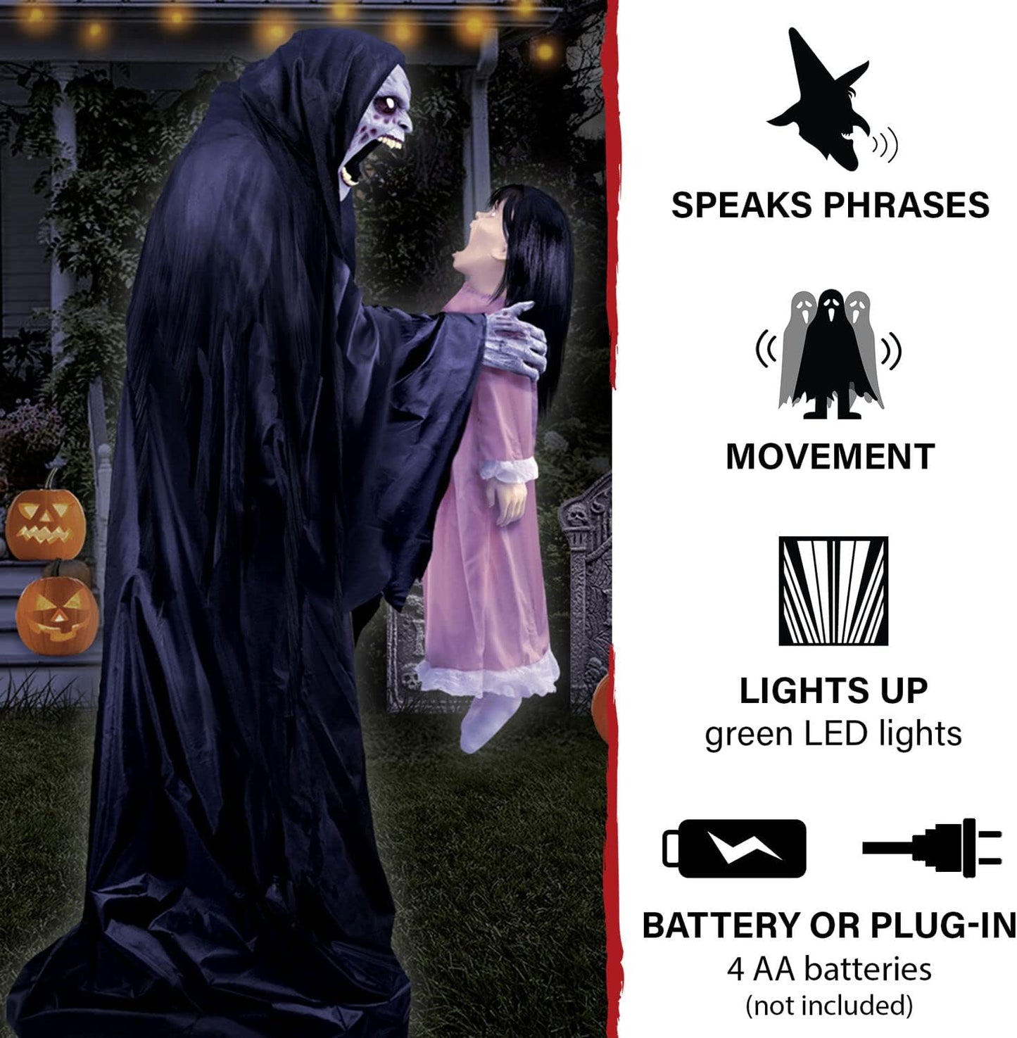 Haunted Hill Farm Soul Sucker Demon Reaper with Child by Tekky, Motion-Activated Talking Halloween Animatronic for Creepy Indoor or Covered Outdoor Halloween Decorations, Plug-in or Battery Operated