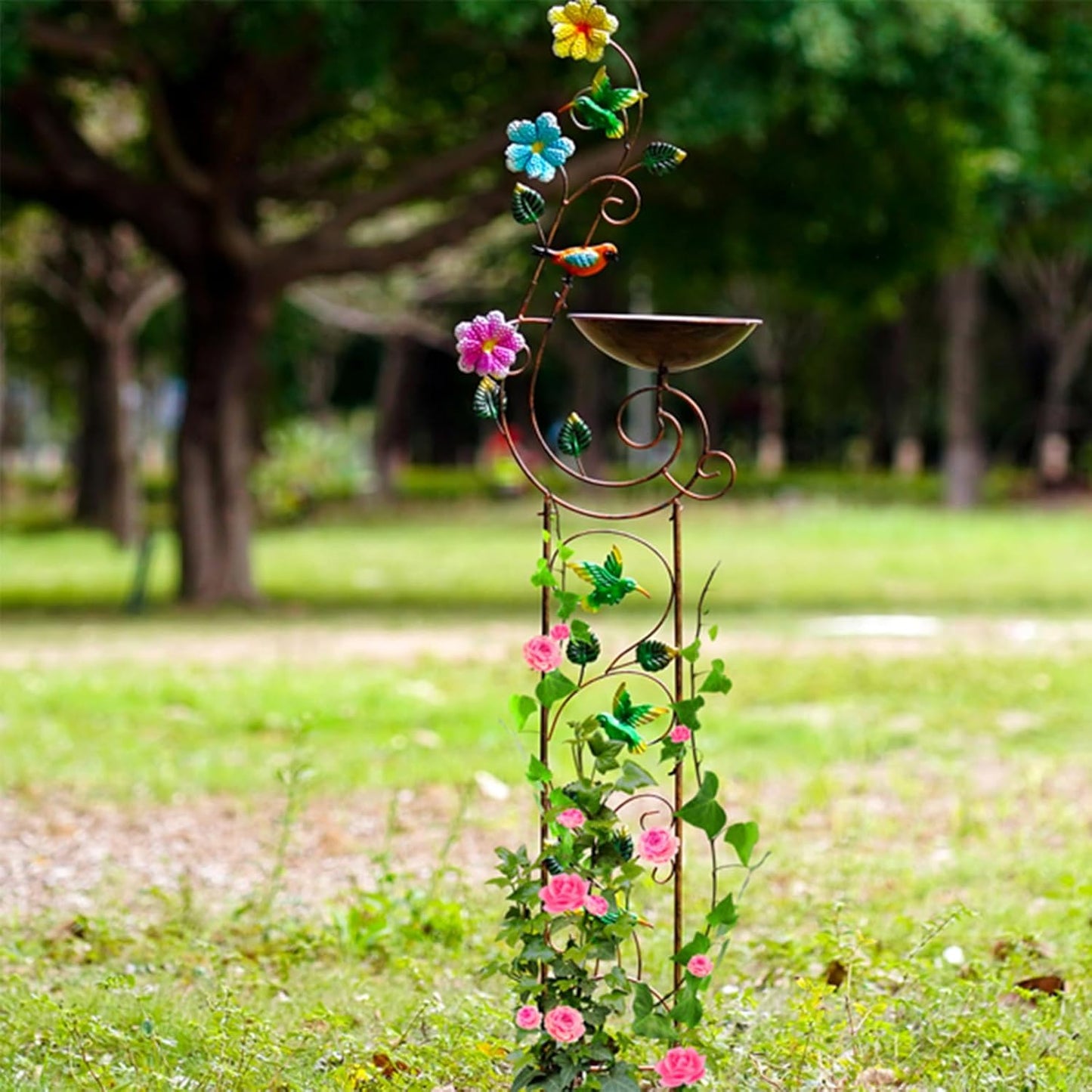 57" Height Metal Bird Bath with Trellis for Outdoor, Vintage Decorative Bird Baths, Small Garden Plant Support, Antique BirdBath for Climbing Plants with Detachable Iron Bowl (Dragonfly)