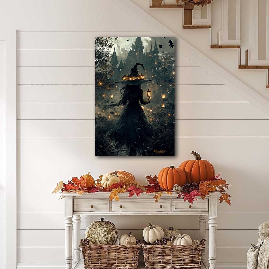 Halloween Witch and Haunted House Canvas Wall Art,Dark Academia Scary Witch Castle Posters Prints,Thriller Horror Gothic Wall Decor Pictures for Halloween Party House Decoration,20"x30" Framed