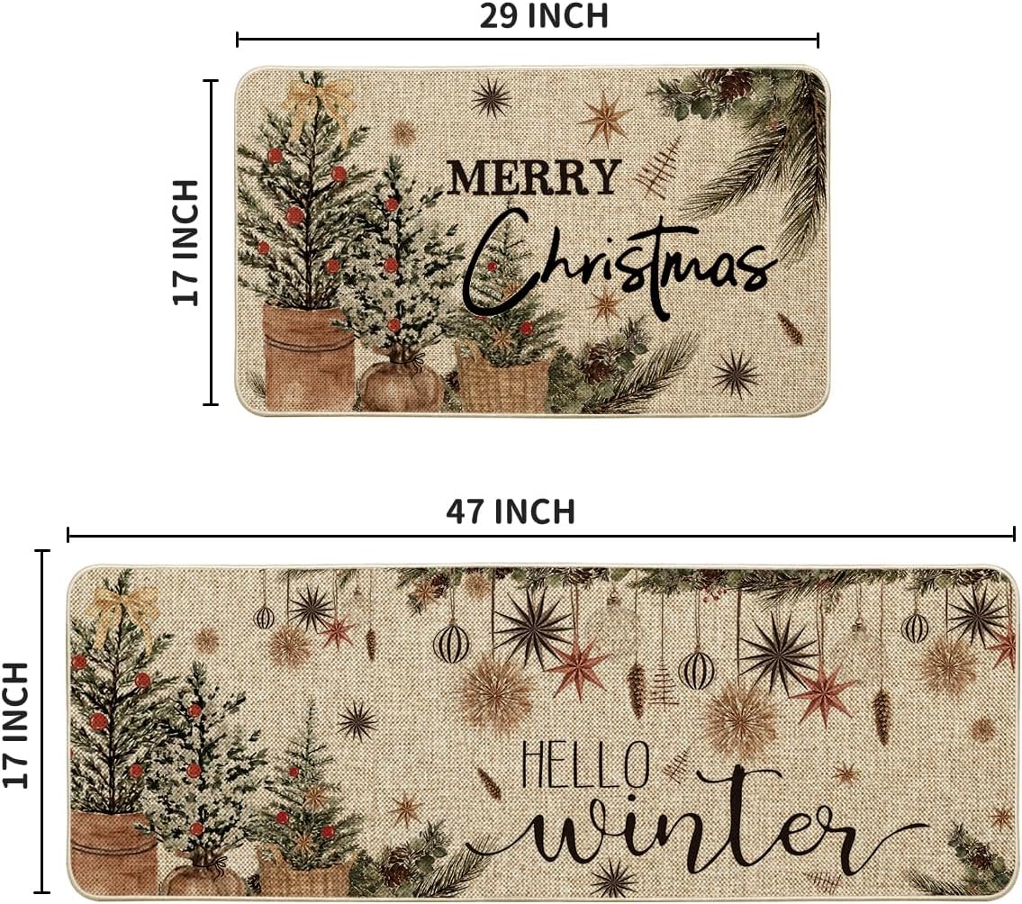 Artoid Mode Holly Ornament Merry Christmas Kitchen Mats Set of 2, Winter Home Decor Low-Profile Kitchen Rugs for Floor - 17x29 and 17x47 Inch