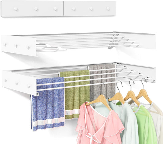 Wall Mounted Drying Rack for Laundry 31.5'', Folding Drying Rack Clothing Wall Mount with 5 Rods and 6 Hooks, Space Saving for Indoor Outdoor Bathroom Balcony (White, 31.5'')