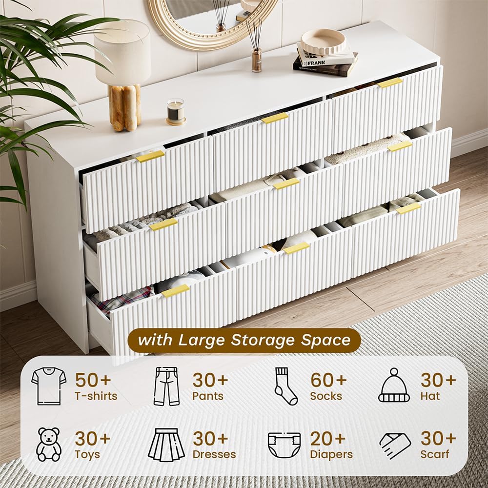 White Dresser for Bedroom, 9 Drawer Double Dresser, Modern Chest of Drawers for Bedroom, Living Room, Entryway and Closet, 63" L x 15.7" D x 31.5" H