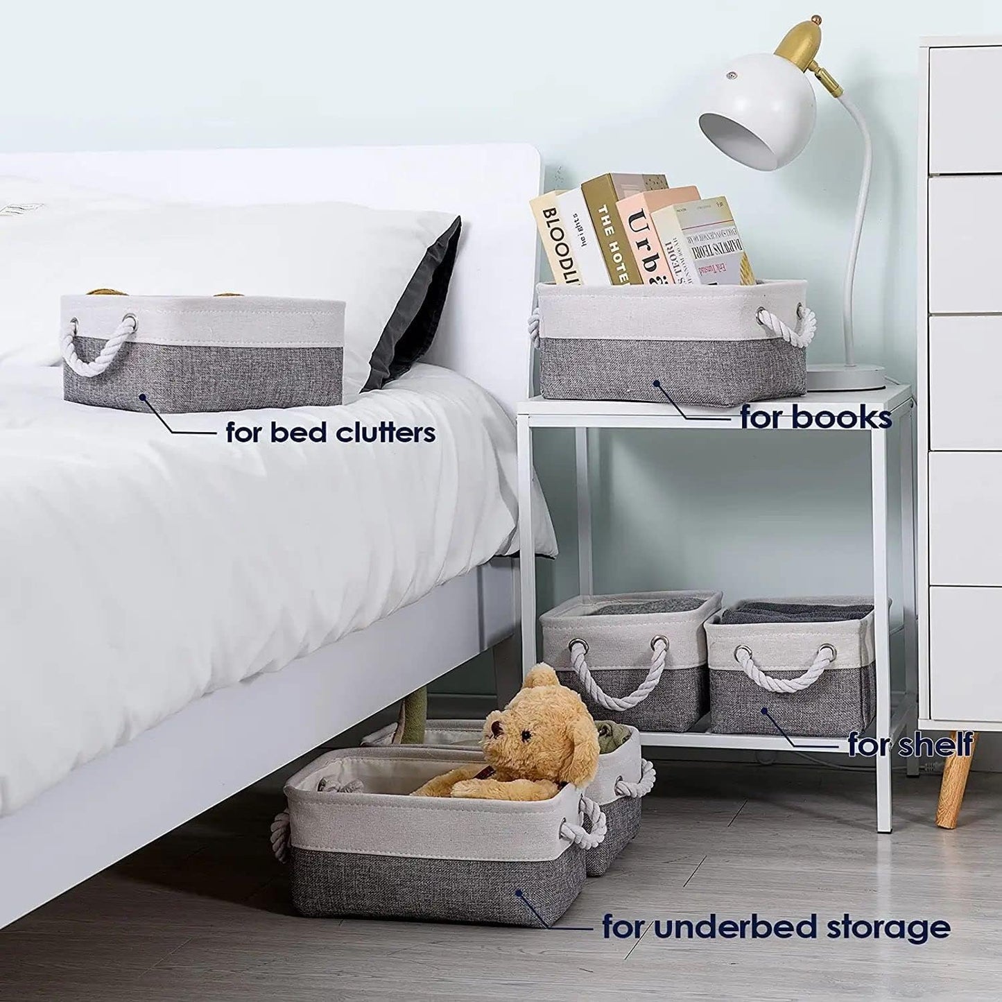 TcaFmac Small Storage Baskets for Shelf 6 Pack Canvas Storage Basket with Handles Fabric Storage Basket for Organizing Storage Bin (White and Grey, 12x8x5")