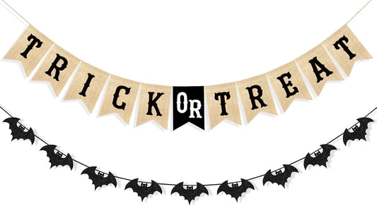Uniwish Trick or Treat Burlap Banner Halloween Decorations for Mantel Fireplace Glitter Bat Garland Bunting Home Wall Decor Halloween Party Supplies