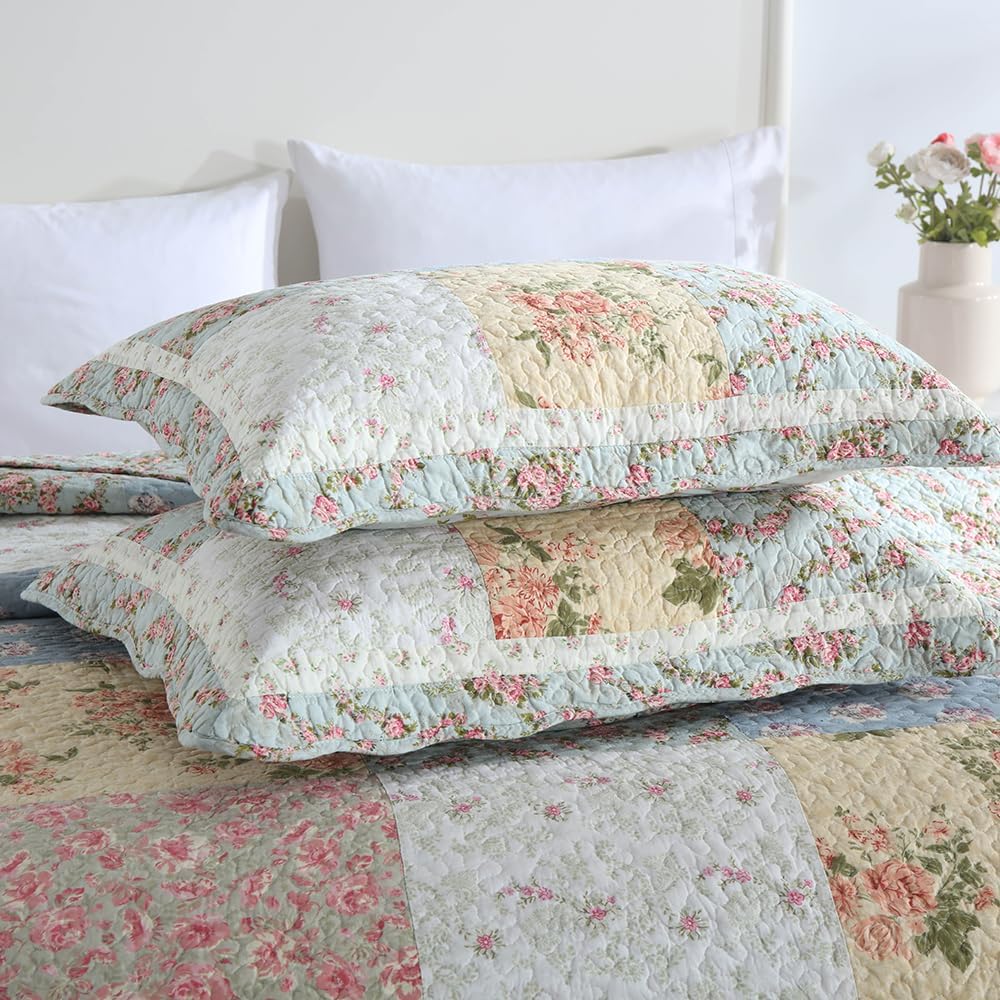 Cotton Bedspread Quilt Bedding Sets 3 Pieces Reversible Coverlet Sets Comforters Green Rose Floral Patchwork Bedspread, King Size