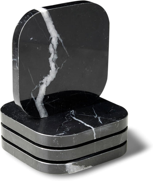 Italian 100% Marble Coasters – Set of 4 – Square Modern Bar Coasters for Drinks, Coffee –Stone Holder for Home Décor, Housewarming Gifts (Black Marquina)