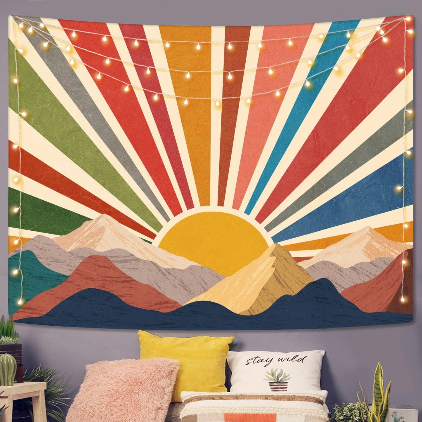 Aipon Sun Tapestry Boho Mountain Abstract Wall Hanging Tapestries Small Sunrise Sunset Western Retro Tapestrys Hippie Aesthetic Vintage Geometric Rainbow Tapastry's Indie Living Room Dorm (Yellow,