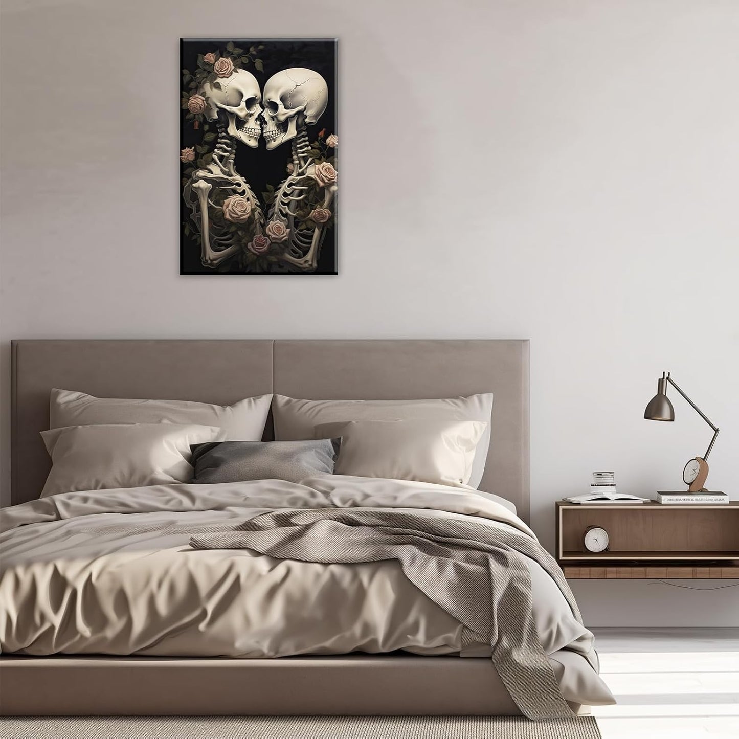OAAPITI Vintage Skeleton Canvas Wall Art Gothic Painting Artwork Retro Rose Skull Art Poster Abstract Romantic Theme Picture Halloween Living Room Decor(Artwork-4,24"x36")