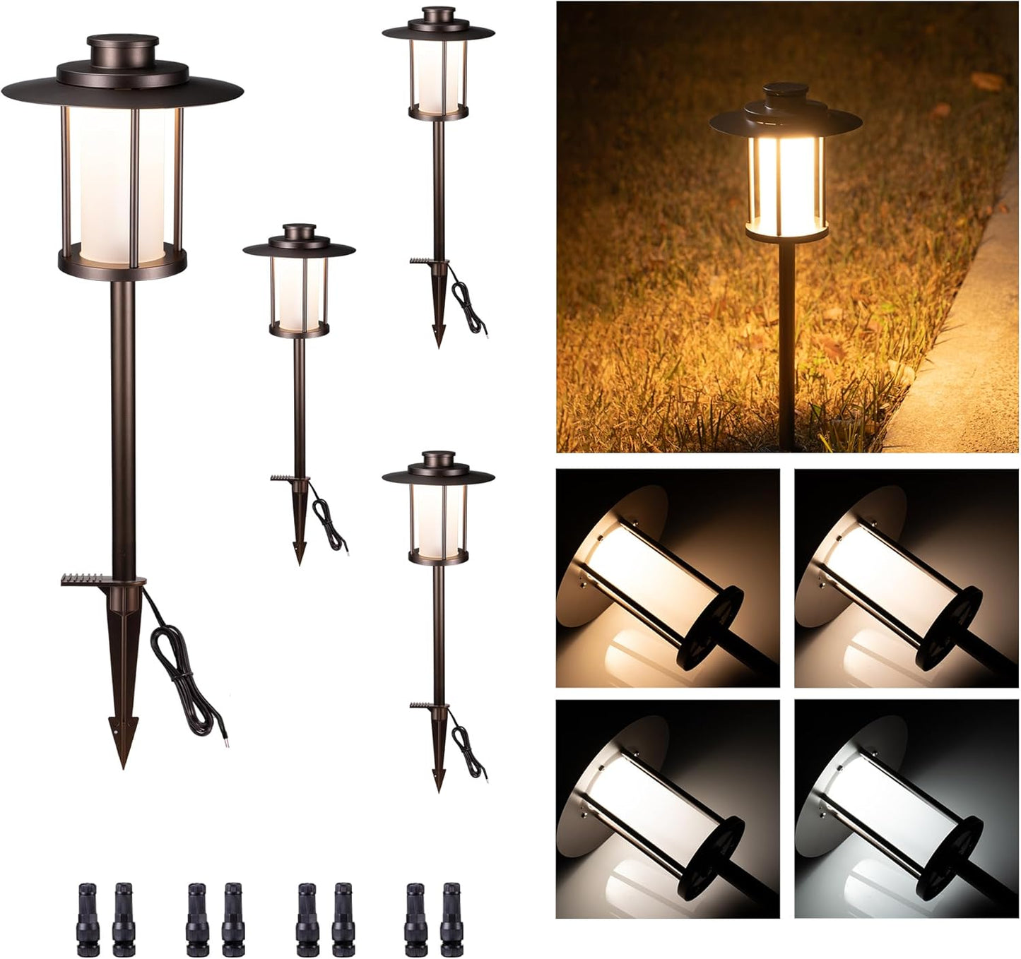 Low Voltage Landscape Path Light, Warm & Cool White Selectable Pathway Lights Wired, 12v Walkway Lamp IP65 Waterproof, LED Oil-Rubbed-Bronze Aluminum 150LM for Outside Patio Yard (4 Pack)