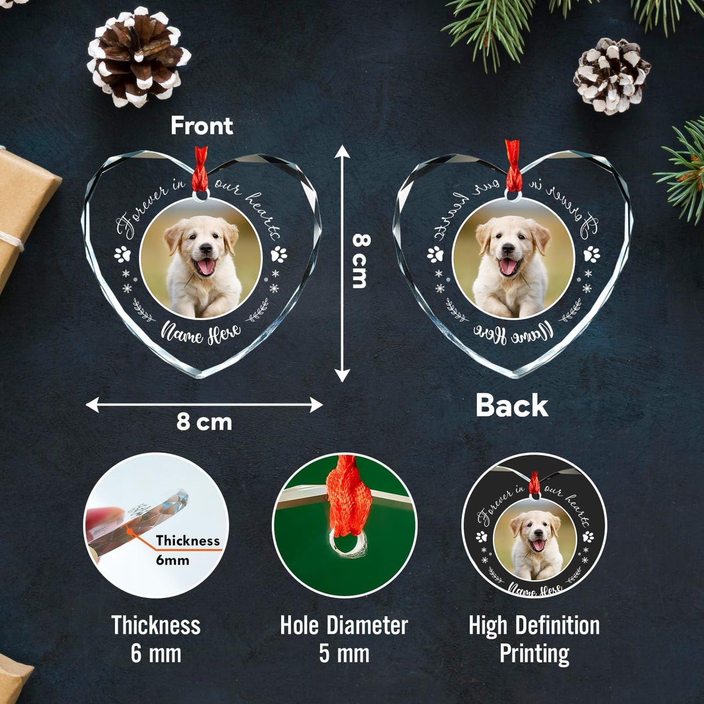 Personalized Pet Photo Ornaments, Custom Heart Glass Ornaments, Personalized Circle Glass Ornament, Custom Crystal Ornament Gifts for Dog Lovers, Cat Gifts for Cat Lover, Pet Love