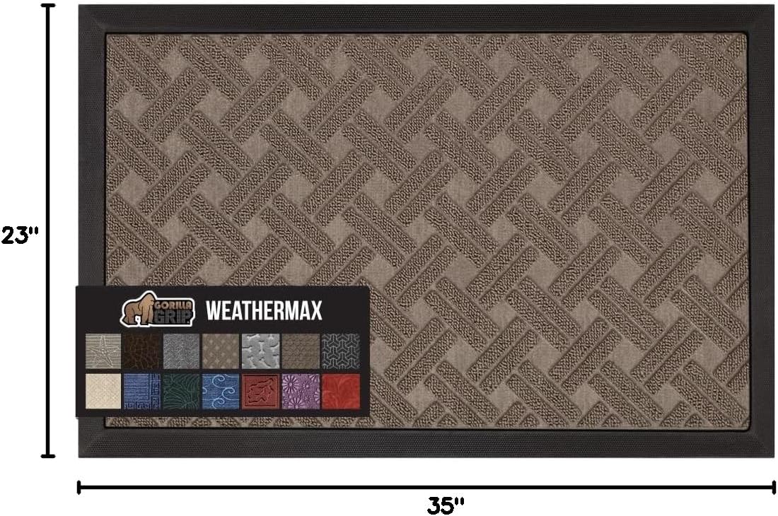 GORILLA GRIP 100% Waterproof All-Season WeatherMax Doormat 35x23, US Designed Natural Rubber, Stain and Fade Resistant, Low Profile Indoor Outdoor Door Mats, Easy Clean Patio Mat, Taupe Basket Weave