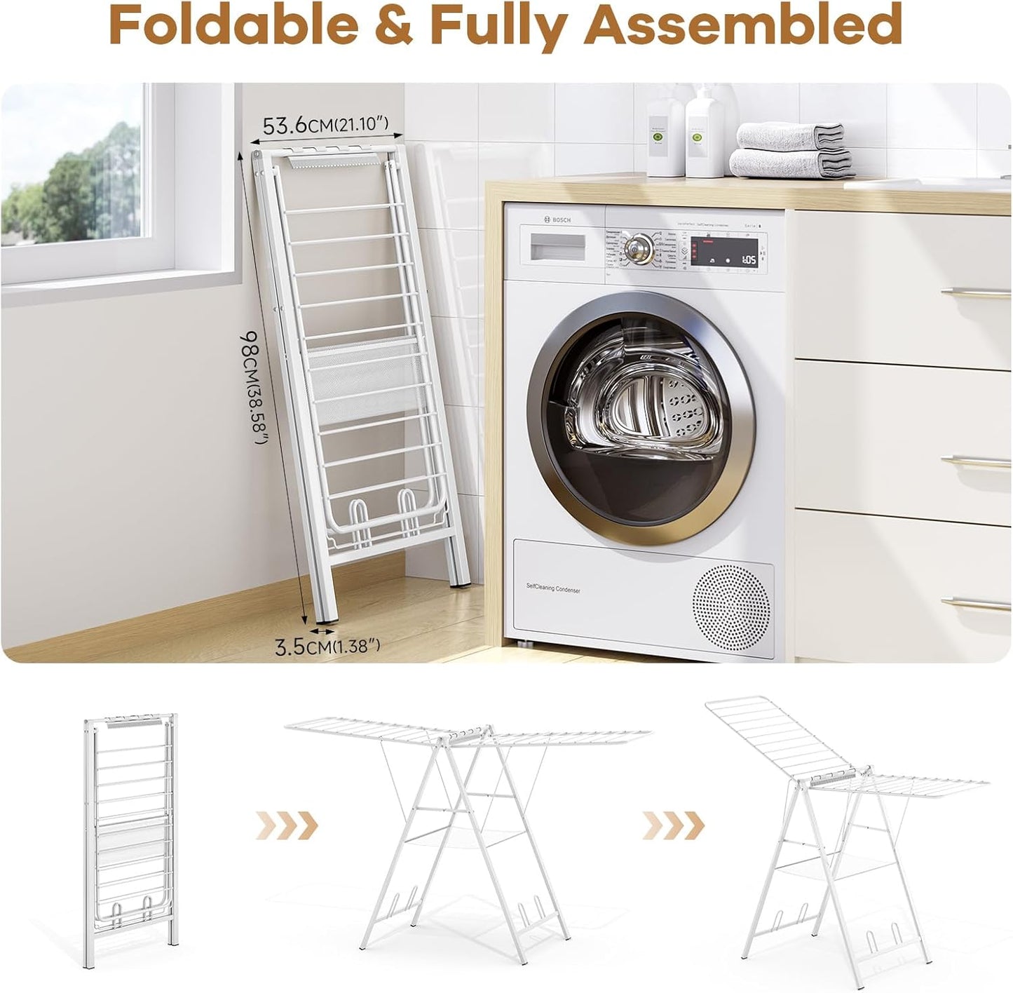 APEXCHASER Drying Rack for Clothing Foldable, Metal Laundry Rack Collapsible, Ultra Thin Gullwing Clothes Airer with Adjustable Height for Towel Baby Clothes Indoor Outdoor Laundry Room, White