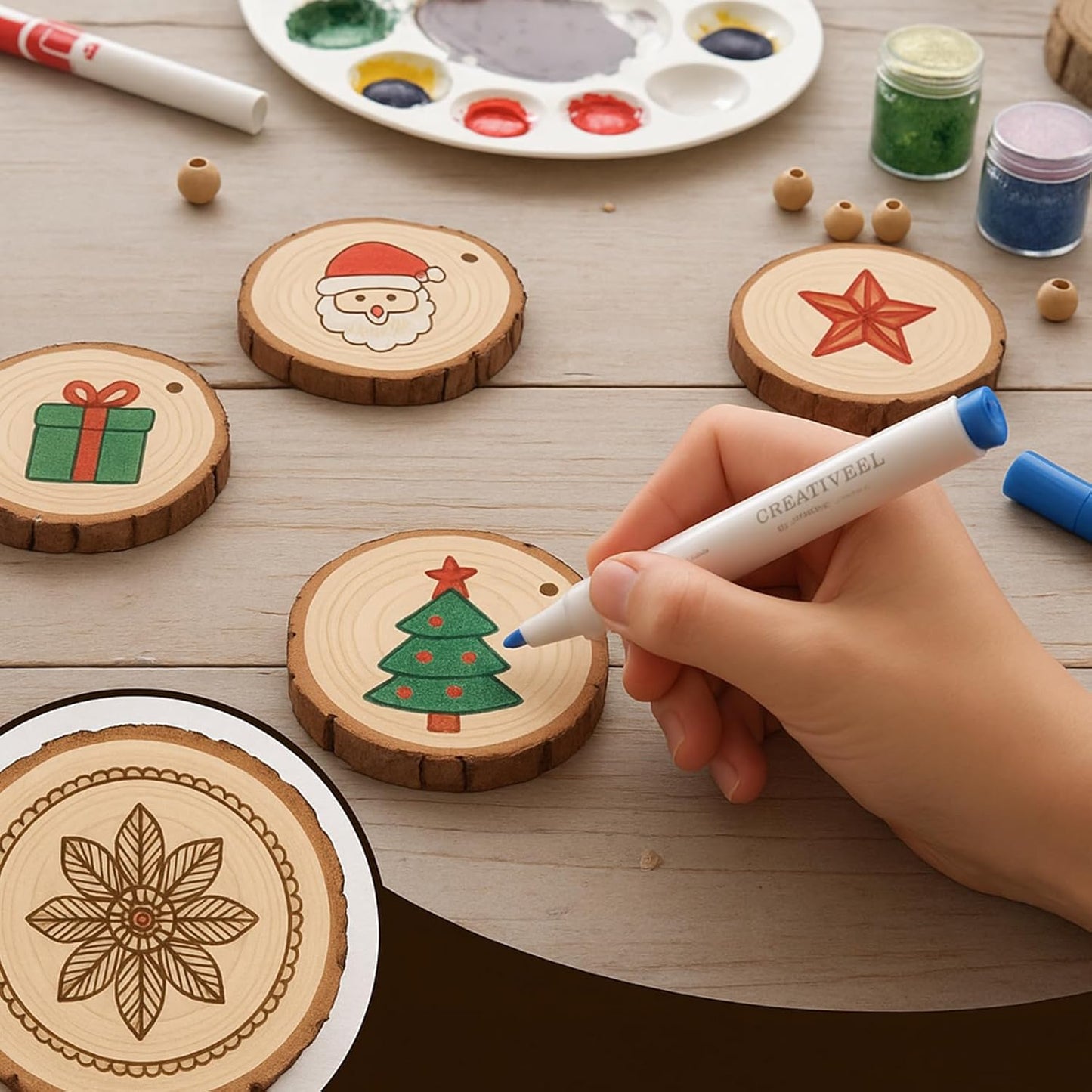 JOHOUSE 40Pcs Wood Slices, 2.9"-3.4" Unfinished Natural Wood Rounds for Crafts, Christmas Ornaments, Home Decor, Painting, Coasters, DIY Gifts, Party Wedding Decor, with Pre-drilled Hole