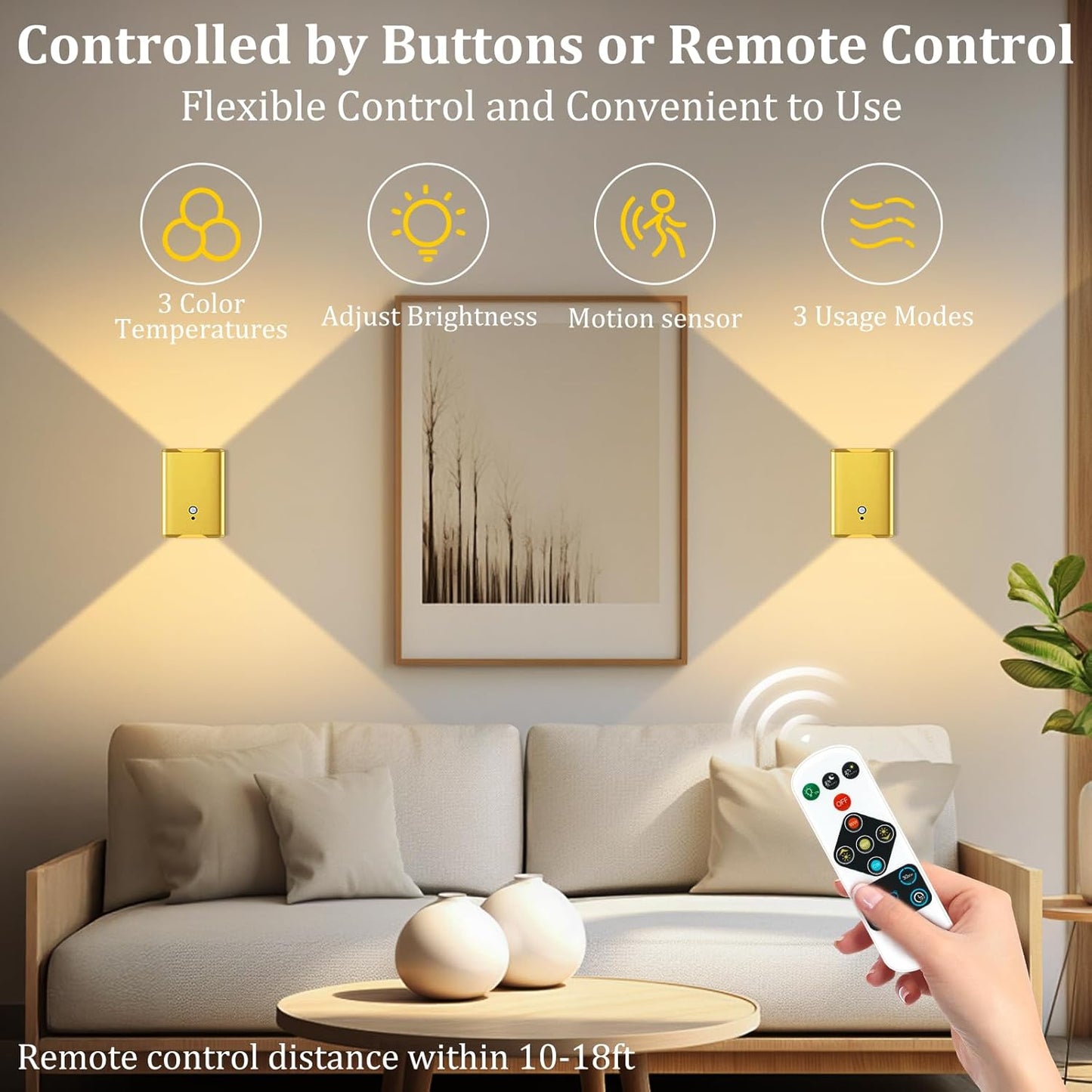 Battery Operated Wall Sconce Set of 2: 5000mAh Rechargeable Motion Sensor Night Light Indoor, 3CCT Dimmable Wireless Wall Lights Magnetic LED Up and Down Wall Lamp for Bedroom Closet Stair, Gold