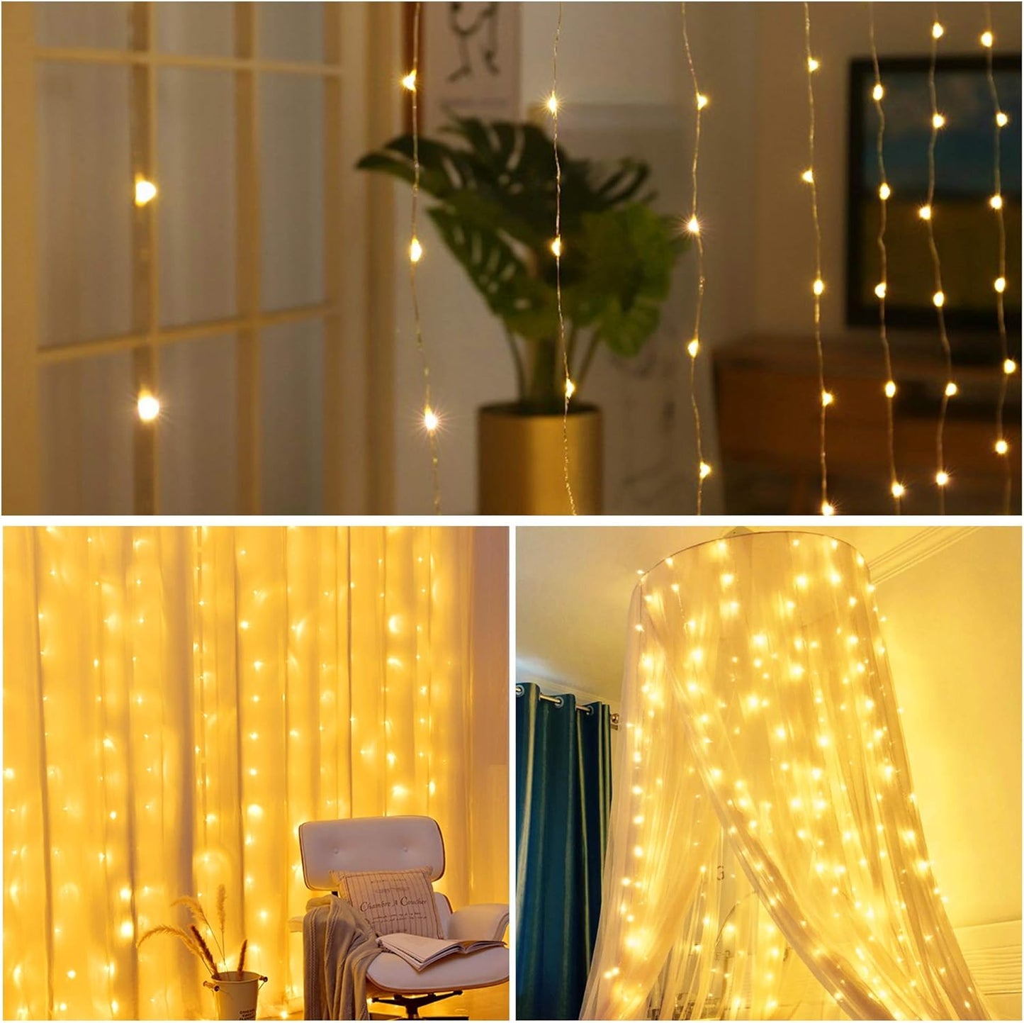 HOME LIGHTING Window Curtain String Lights, 300 LED 8 Lighting Modes Fairy Copper Light with Remote, USB Powered for Christmas Party Wedding Home Decorations (Warm White)