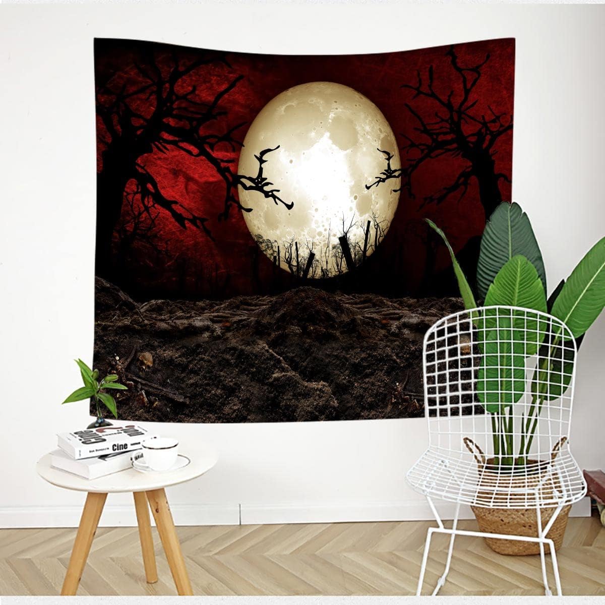 SHRAPHY Full Moon Tapestry 60x60 Inches Moon Horror Cemetery Scarlet Sky Tapestry Event Bedroom Home Decor GTLSUH1207