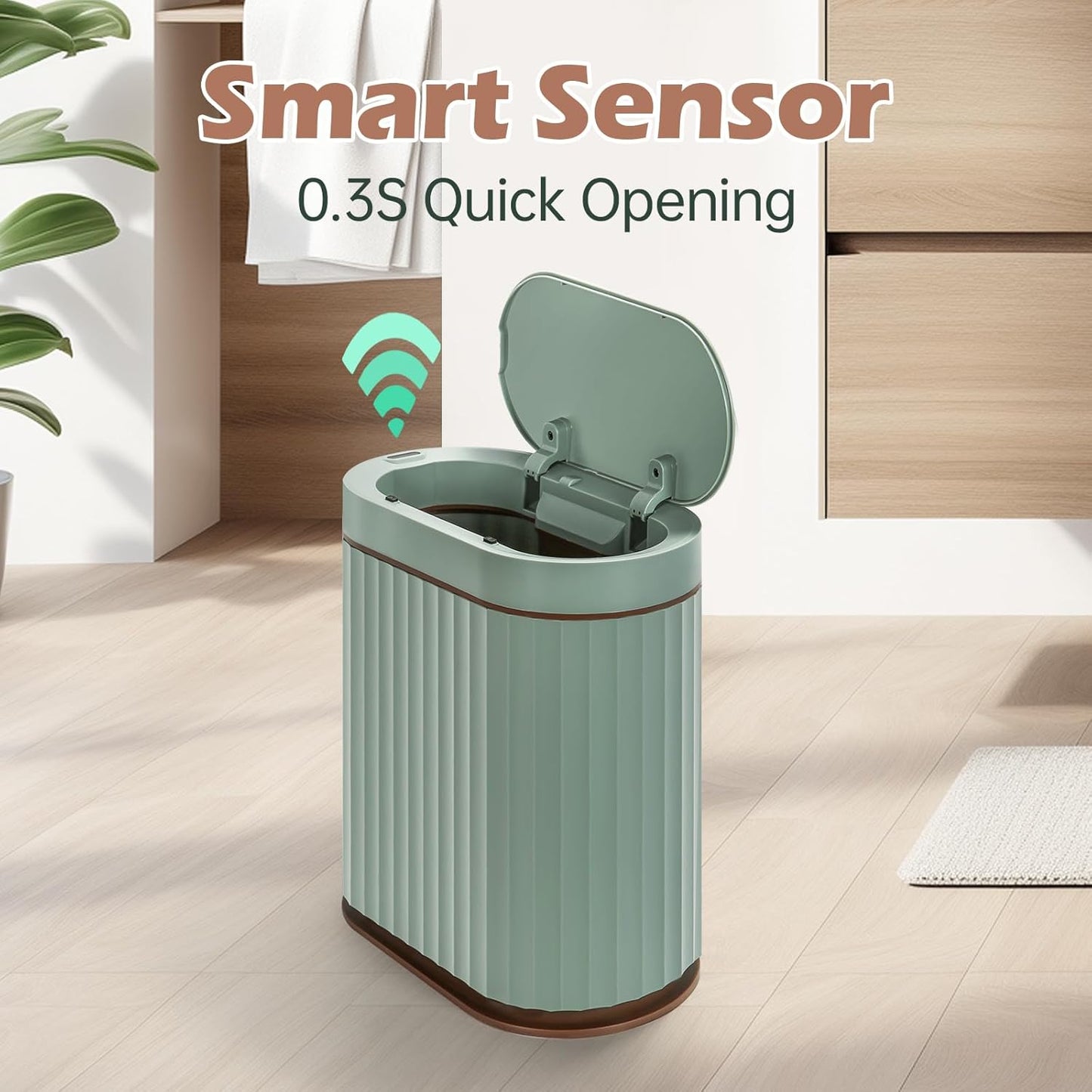 ELPHECO Bathroom Trash Can with Automatic Lid 2 Gallon Sensor Trash Bin, Smart Garbage Can IPX5 Waterproof Trash Bin, Small Slim Trash Can, Motion Sensor Wastebasket for Office, Kitchen, Sage Green
