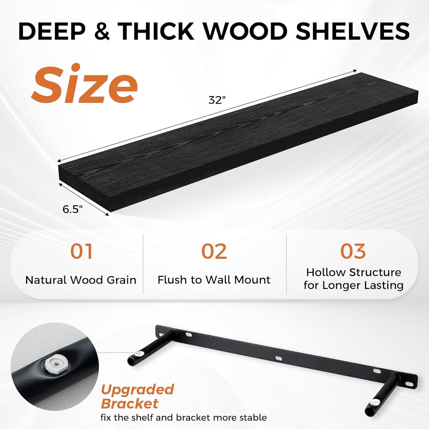 Fun Memories 32Inch Floating Shelves for Wall 2 Pack Wood Shelves for Kitchen, Bathroom, Bedroom Wall Mounted Rustic Wood Floating Shelf with Invisible Brackets for Books, Storage, Decor, Black