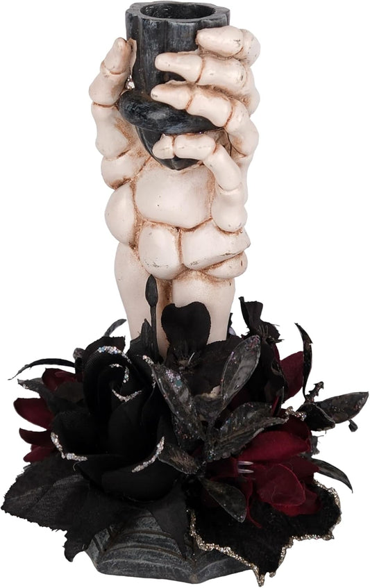 Skeleton Hand Halloween Candle Holder, Resin Candlestick Holder with Black&Burgundy Artificial Flowers Arrangement, Gothic Halloween Decor for Coffee Table/Dining Table Centerpiece, 6" Height