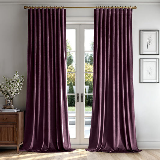 MIULEE Dark Purple Velvet Curtains 108 inches 2 Panels - Luxury Room Darkening Window Drapes for Bedroom Living Room Thermal Insulated Super Soft Blackout Extra Long, Back Tab Rod Pocket Pinch Pleated