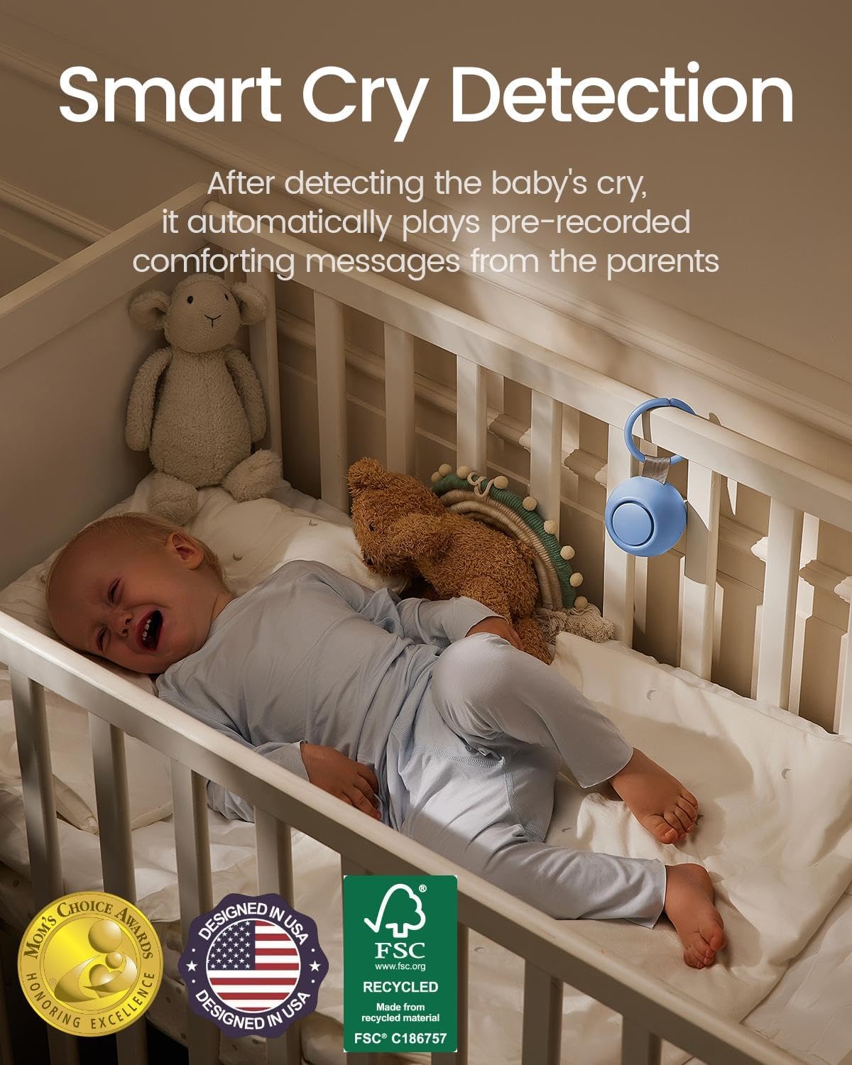 2025 Mom's Choice Awards, Portable Sound Machine for Baby Adult, AI Cry Detection, 18 Soothing Sound, Bluetooth Rechargeable White Noise Machine for Home Office Travel, Nursery Light, Blue