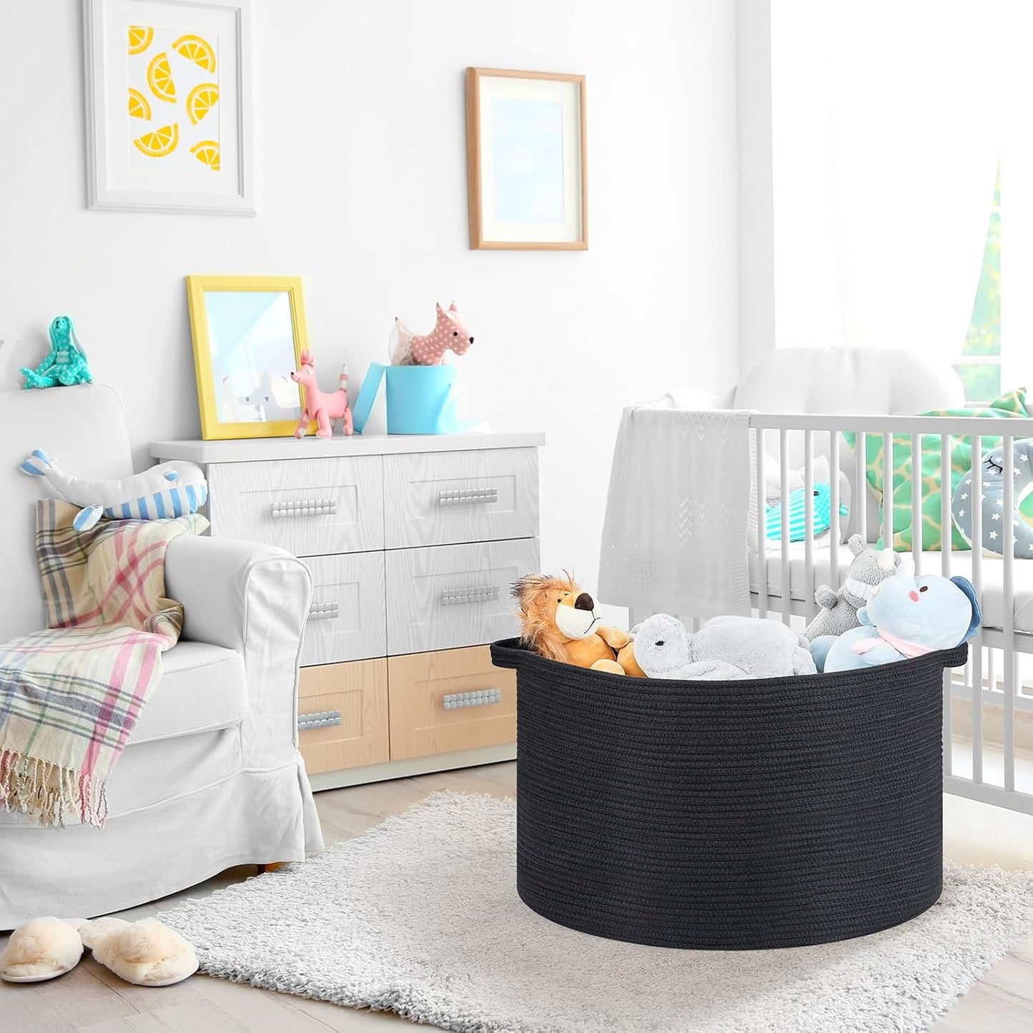 Ravinte Large Storage Basket - 22"x 22"x 14" Blanket Basket for Living Room, Baby Toy Storage Basket, Cotton Rope Basket Woven Laundry Basket (Black)