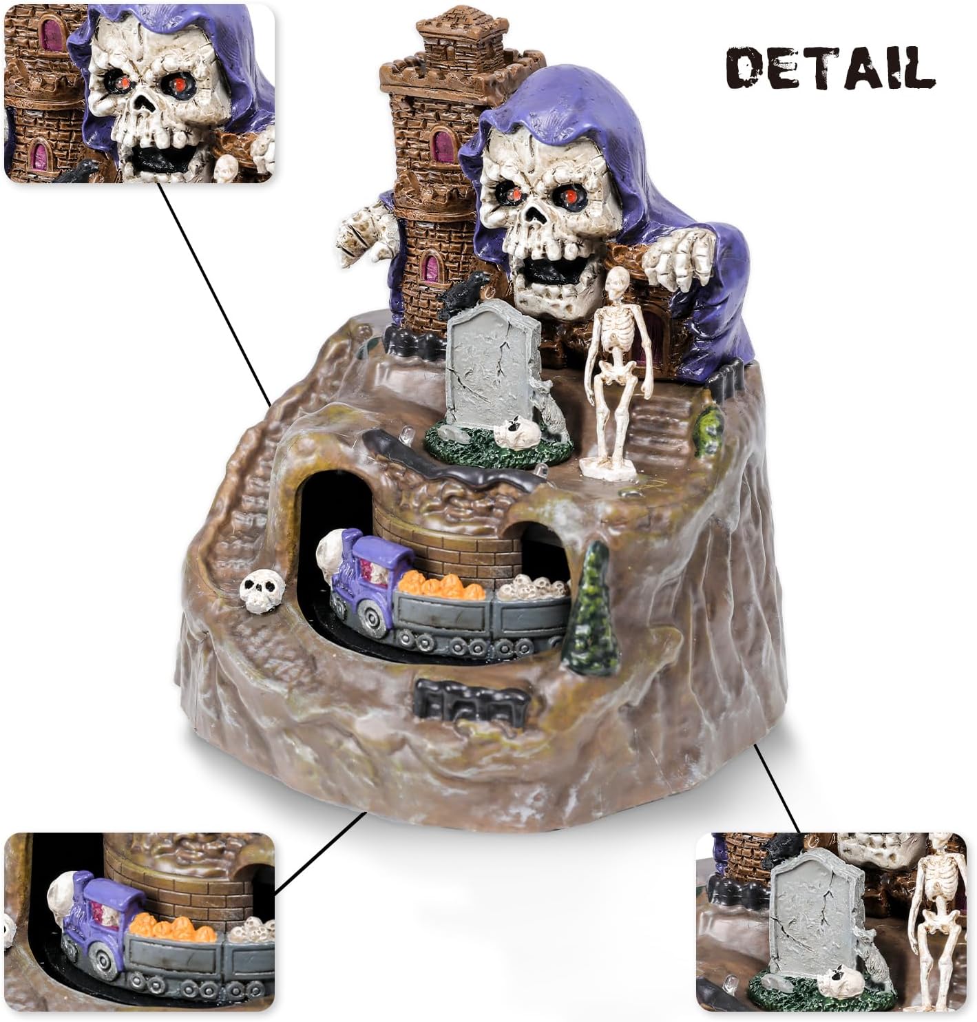 Bdor Halloween Tabletop Decoration with LED Lights and Moving Train – Spooky Skeleton Castle Animated Halloween Ornament, Skull Graveyard Scene, Light Up Haunted House Decor for Indoor Party Display