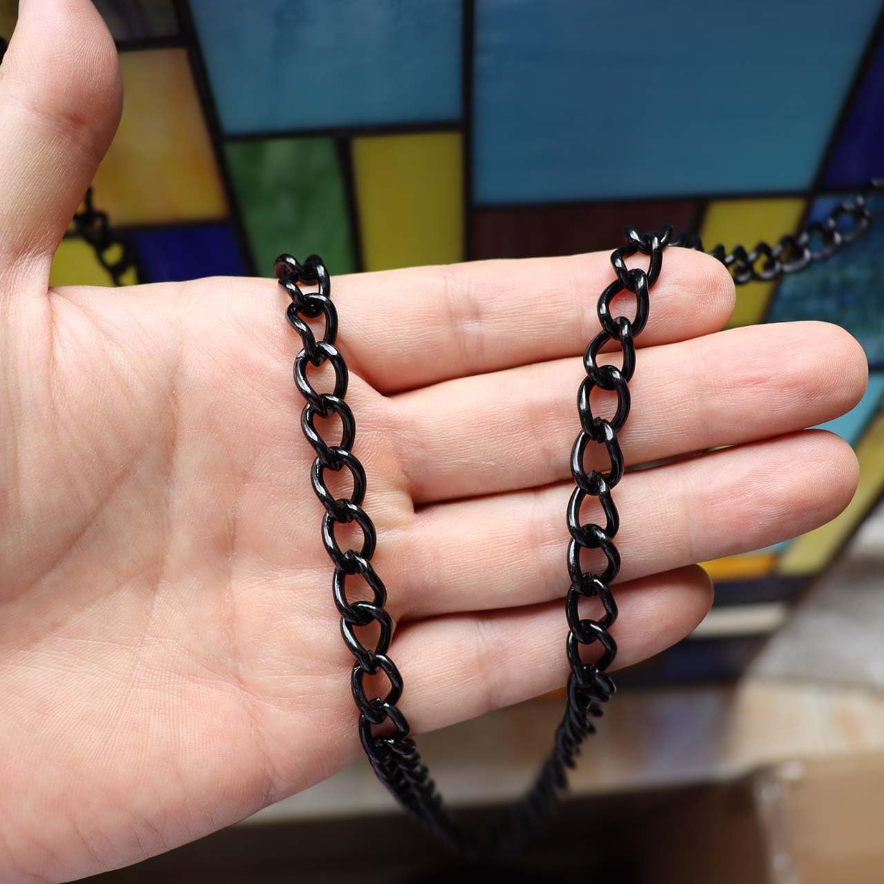 Bieye Geometric Color Block Tiffany Style Stained Glass Window Panel with Hanging Chain (18x25 inches W10091)