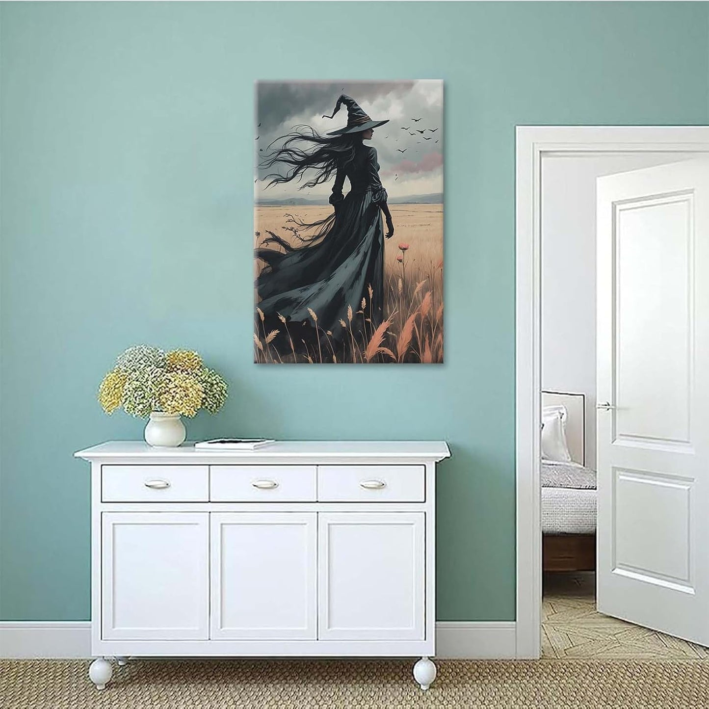 JFHCQJPK Gothic Decor Canvas Wall Art Witch in Rice Field Halloween Art Decor Print Nature Print Victorian Home Bedroom20x30in Frameless