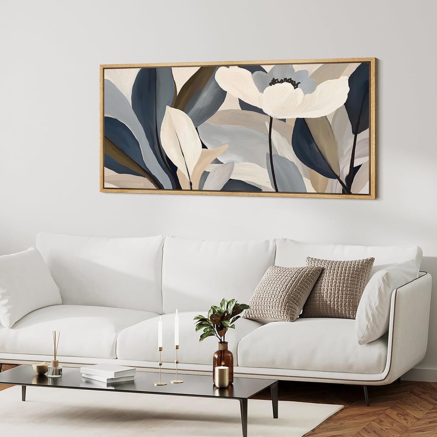 MUDECOR Extra Large Framed Canvas Print Wall Art Neutral Toned Floral Abstract Antique Retro Fine Art Illustrations Decorative Colorful for Bedroom - 60"x30"