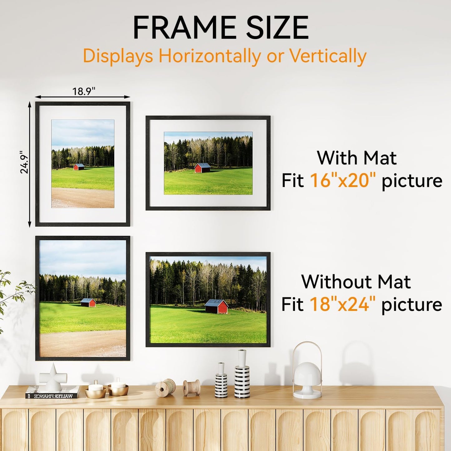 IBUYKE 18x24 Picture Frame,Solid Oak Wood 18x24 Photo Frame with Mat to 16x20,18x24 Picture Frames With Tempered Glass,Wall Mount Display,Home Decor,Black Oak 24 x 18 Frame,UWPF1824B