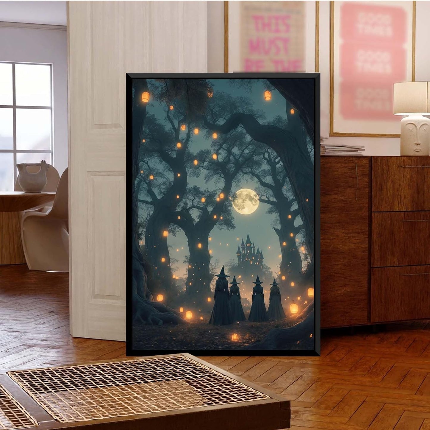 JFHCQJPK Mysterious creek painting witch and castle in magic forest art print canvas gothic print dark college decoration poster for home bedroom8x12in Metal blackFramed