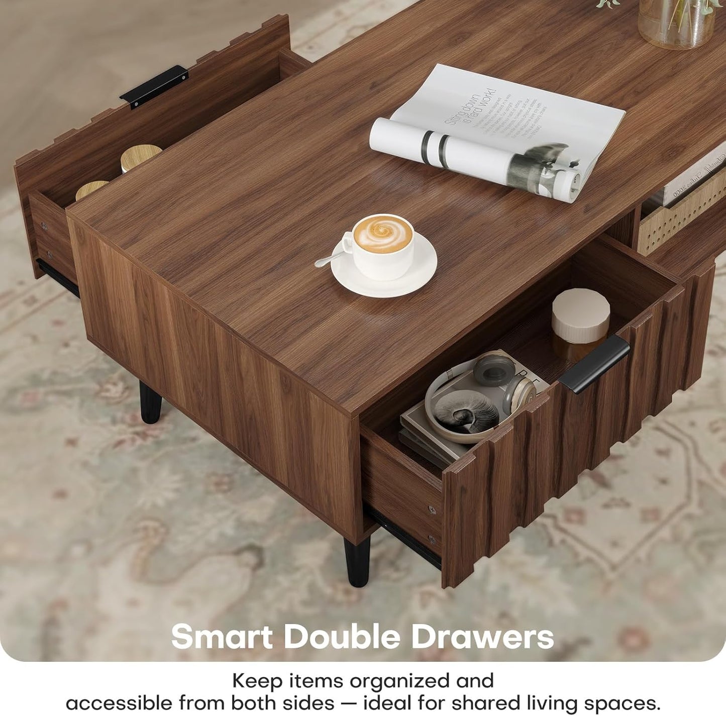 Mid Century Modern Coffee Table with Grooved Drawers & Open Storage, 47" MDF Walnut Wood Center Table with Black Solid Wood Legs, Retro Living Room Furniture