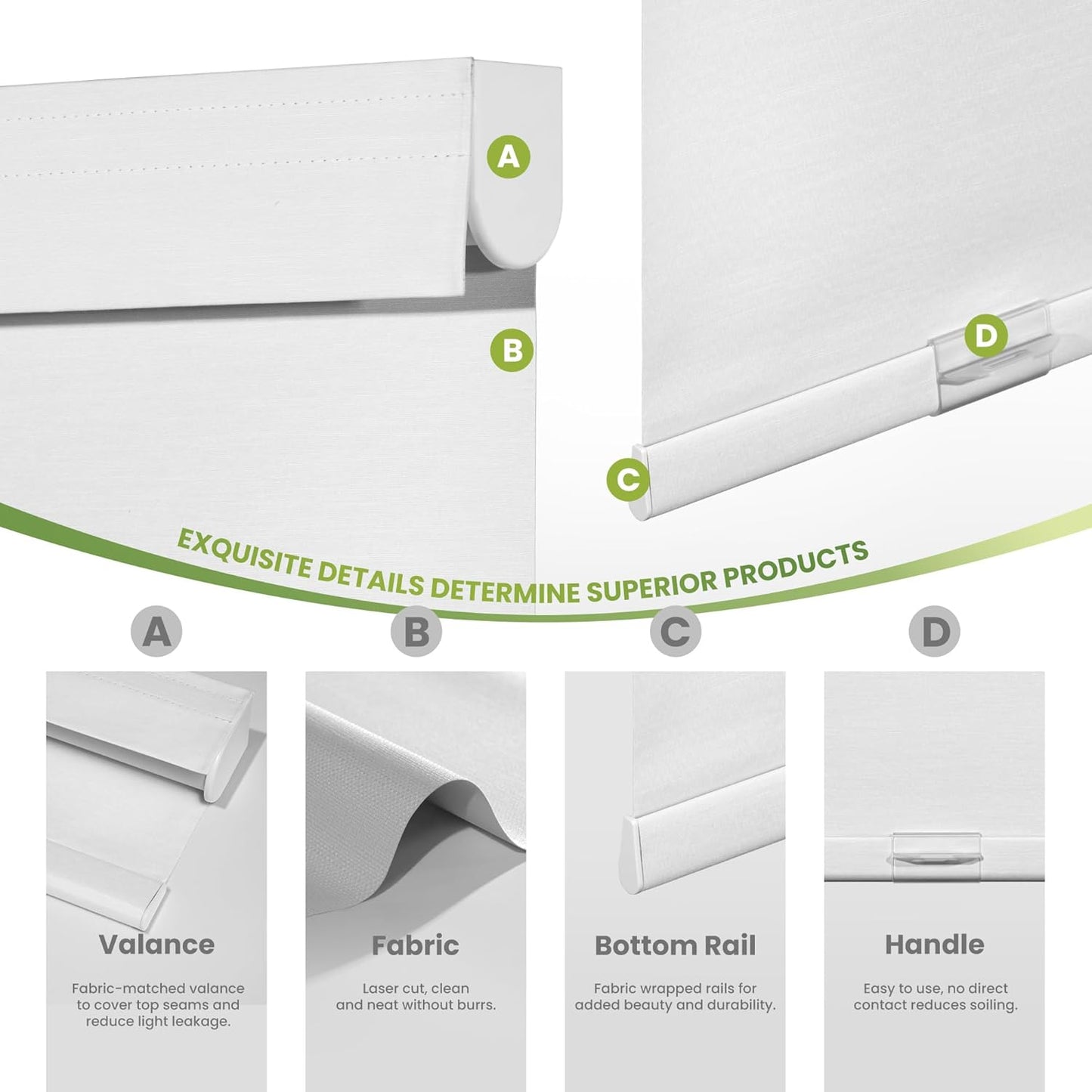 Blackout Roller Shades for Indoor Windows, Cordless Jacquard Fabric-Matched Roller Blinds, Easy to Install Privacy UV Protection Roll Up Blinds for Home Office, Pure White, 24" W x 72" H