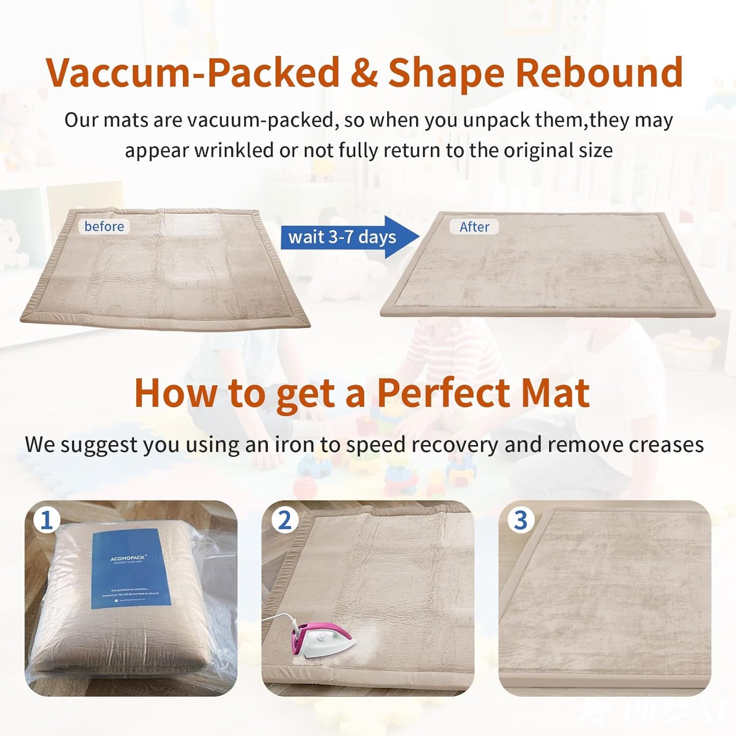 ACOMOPACK Baby Play Mat for Floor,1.3" Thick Memory Foam Area Rug for Living Room,Soft Velvet Crawling with Non-Slip Bottom for Kid,Toddler,79"×118" Tummy Time Nursery Rugs,Yoga（Beige）