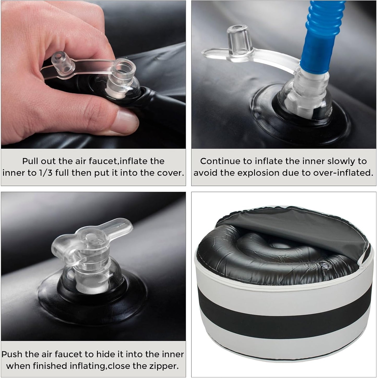 Inflatable Outdoor Ottoman with Air Pump,20"x9" Portable Patio Pouf,Water Resistant,Fade-Resistant,Round Blow Up Footrest Stools for Home Garden Camping Travel(Black White)