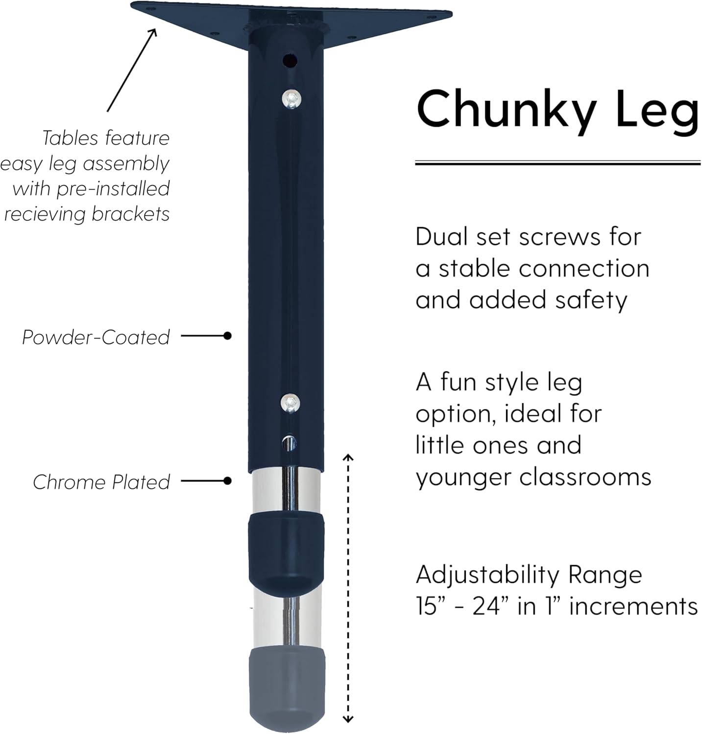 FDP Rectangle Activity School and Kids Classroom Table (24 x 48 inch), Toddler Legs, Adjustable Height 15-24 inches - Gray Top and Navy Edge