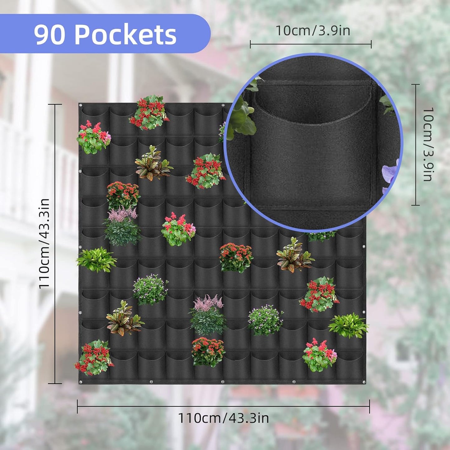 90 Pockets Hanging Planter Bags, Hanging Vertical Wall Mounted Plant Planting Grow Bags, Herb Garden Planter Outdoor Indoor Growing Bag, Gardening Vertical Greening Flower Container(1.1m×1.1m, Black)