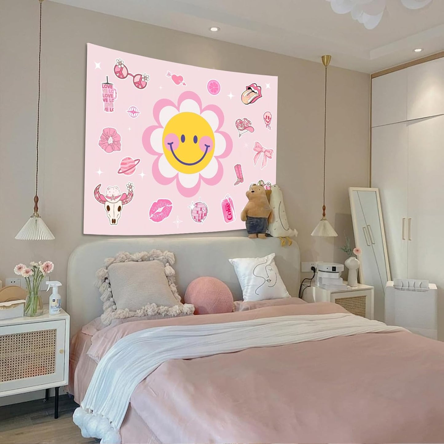 Lunerfex Y2K Tapestry Pink Sun Wall Tapestry, Cute Tapestries for Bedroom Funny Tapestries Wall Hanging for Bedroom Living Room Decor Pink-7 44"x60"