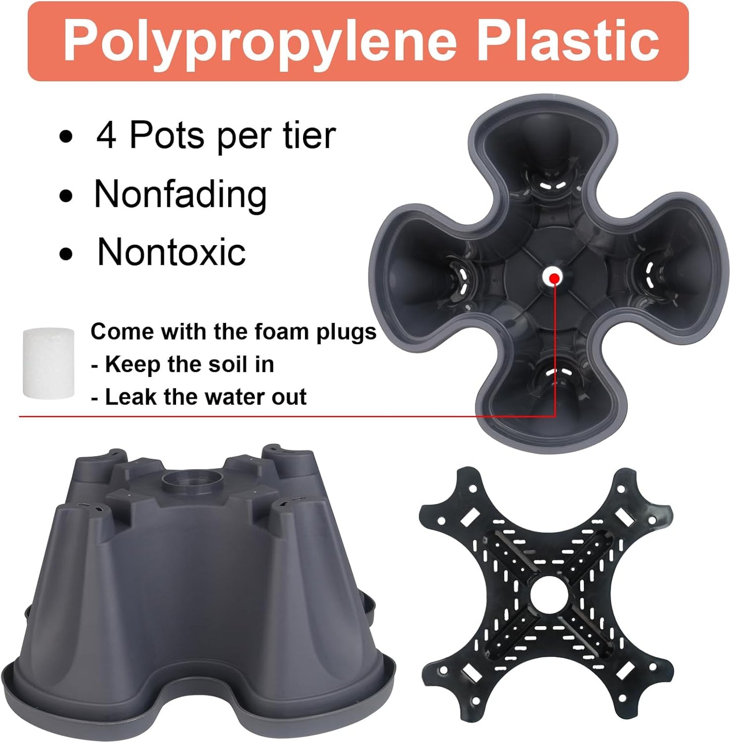 DUNCHATY Stackable Planter, Vertical Garden Planter with Wheels and Tools, Self Watering Strawberry Indoor/Outdoor 5 Tier Tower Herb for Growing Vegetables Succulents, Dark Gray