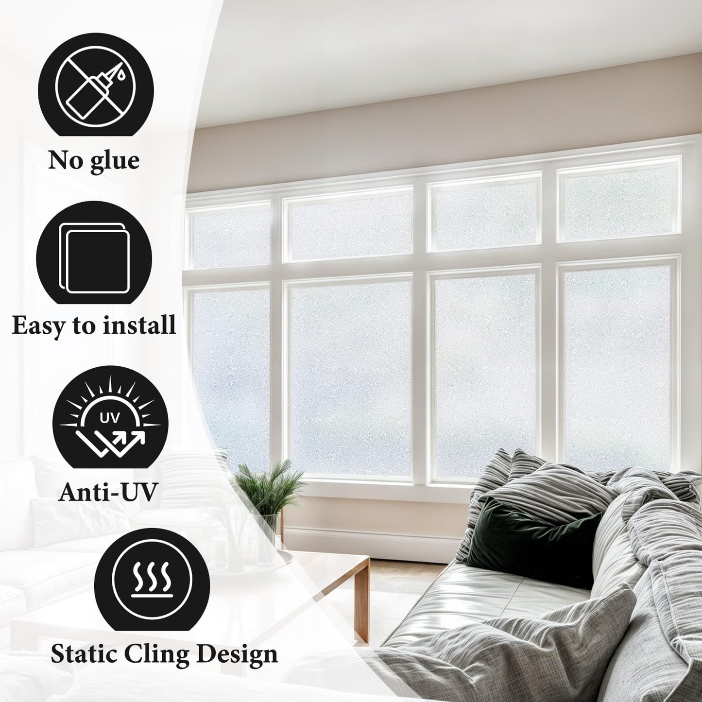 DUOFIRE Privacy Window Film Natural Frosted Glass Film Static Cling Glass Film No Glue Anti-UV Window Sticker Non Adhesive for Privacy Office Meeting Room Bathroom Living Room 29.5in. x 157.4in. S001
