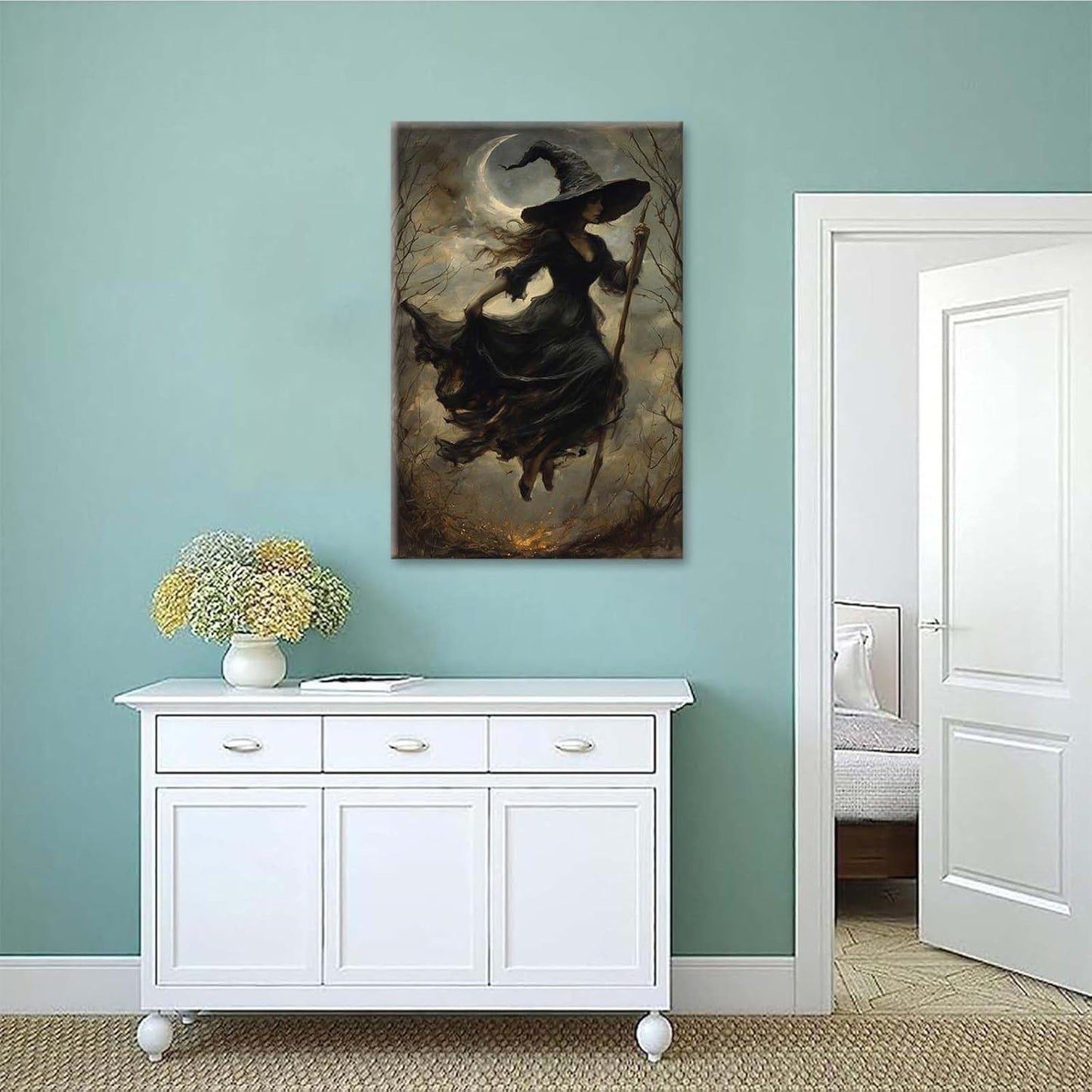 Witch in the Forest Halloween Print Wall Art Poster Witch Decor Vintage Print Dark College Wall Art Victorian Gothic Room Decor Canvas Wall Print12x16in Wood Framed