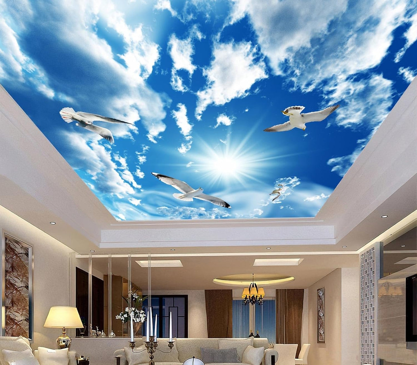 Blue Sky, White Clouds, Sunshine Seagull Ceiling Wall Mural Wallpaper 137" x 100"