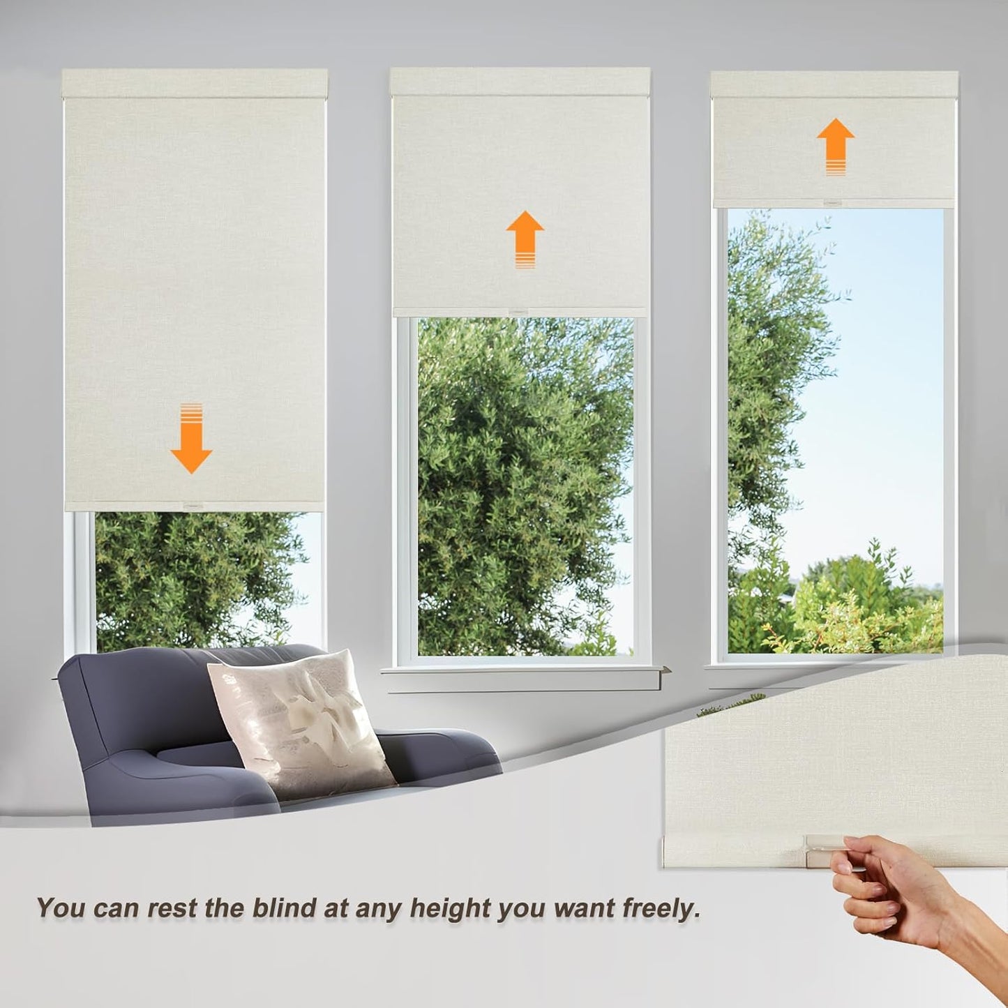 Persilux Blackout Shades for Windows Cordless Roller Blinds, Roller Windows Shades for Home with Fabric Attached Valance, UV Protections Easy Installation for Door/Office, Limestone(86.5" W x 64" H)